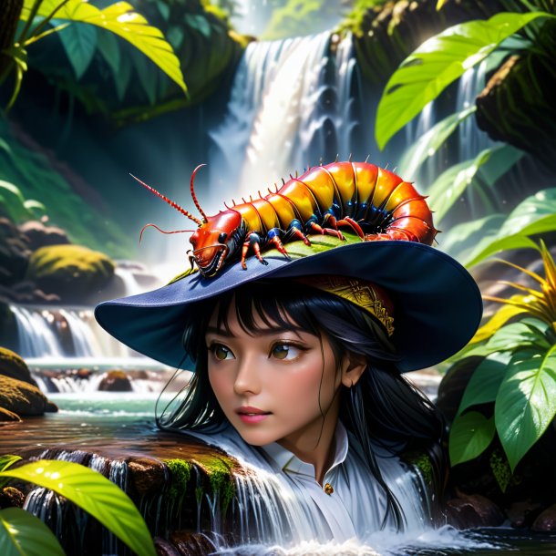 Photo of a centipede in a hat in the waterfall