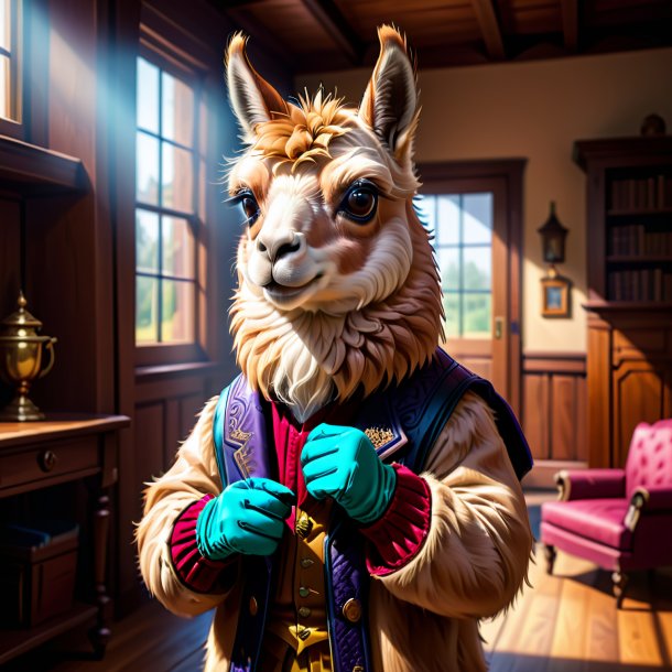 Illustration of a llama in a gloves in the house