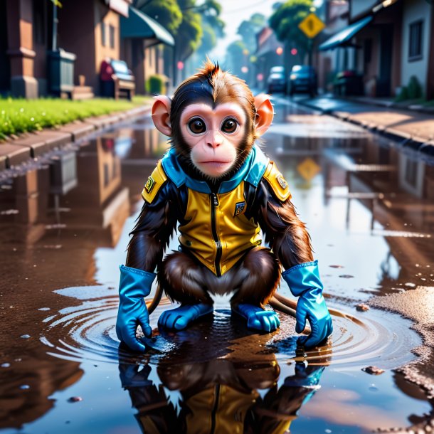 Picture of a monkey in a gloves in the puddle