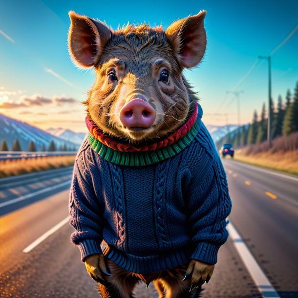 Imagen de un jabalí en un suéter en la carretera