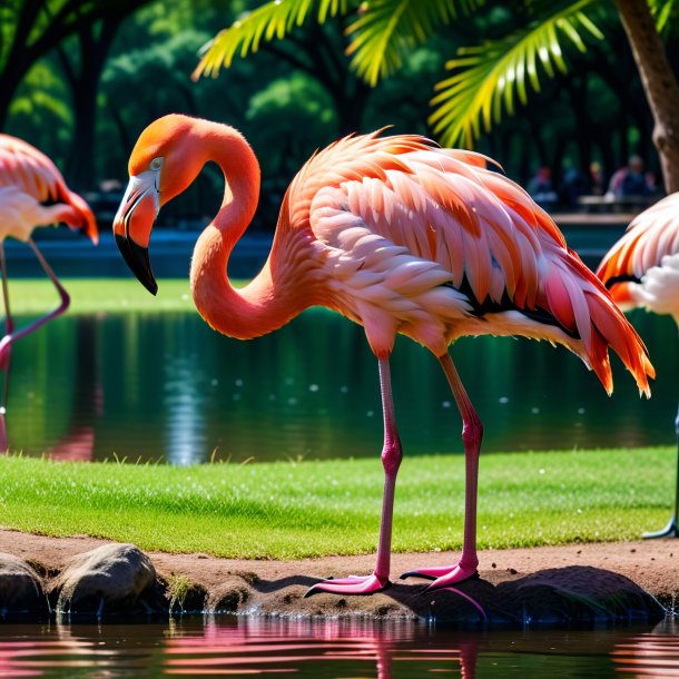 Photo of a drinking of a flamingo in the park