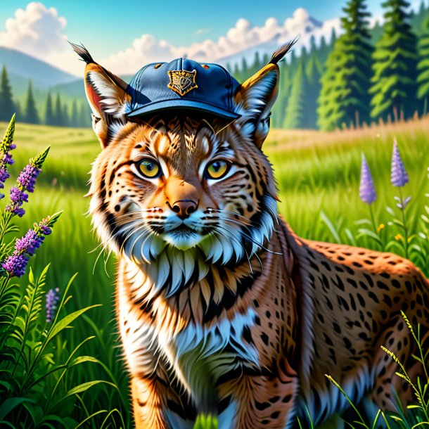 Image of a lynx in a cap in the meadow