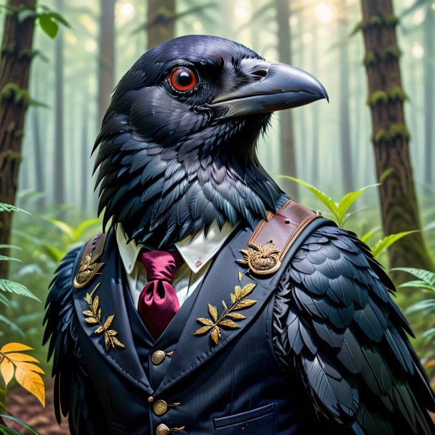 Picture of a crow in a vest in the forest