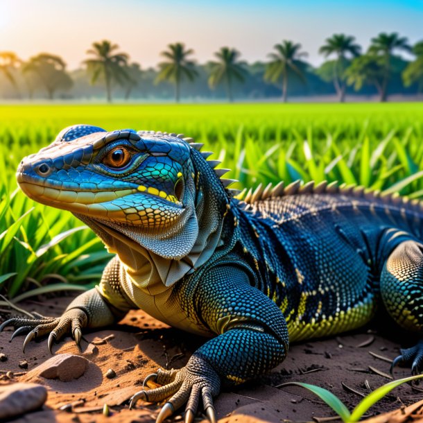 Pic of a resting of a monitor lizard on the field