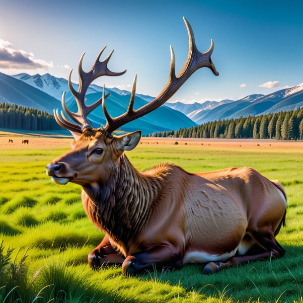 Image of a resting of a elk on the field