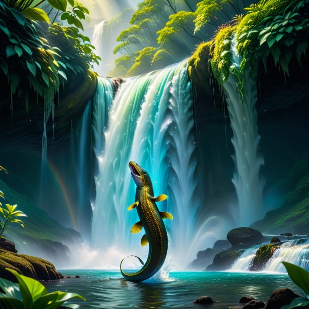 Photo of a dancing of a eel in the waterfall