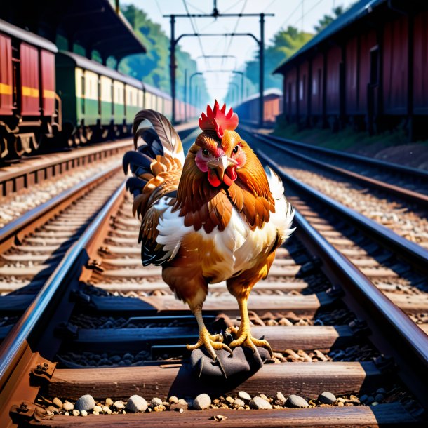 Picture of a hen in a gloves on the railway tracks