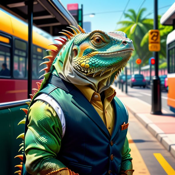 Ilustração de uma iguana em um colete no ponto de ônibus