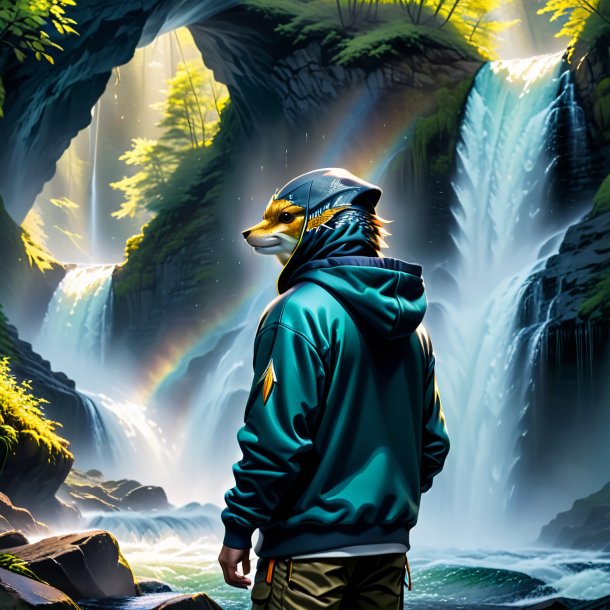 Pic of a pike in a hoodie in the waterfall