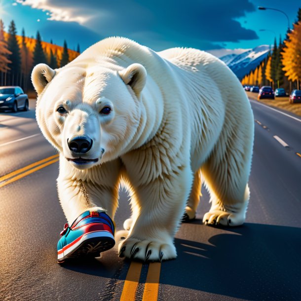 Foto de um urso polar em um sapatos na estrada