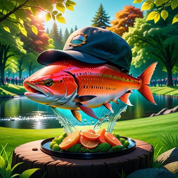 Ilustración de un salmón en una gorra en el parque