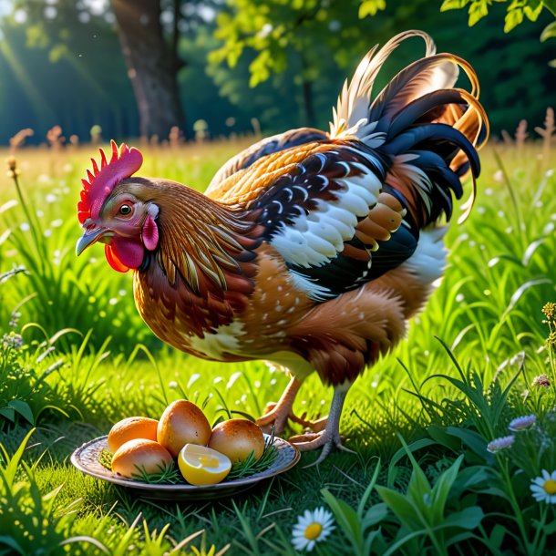 Pic d'un repas de poule dans la prairie