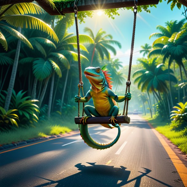 Image of a swinging on a swing of a iguana on the road