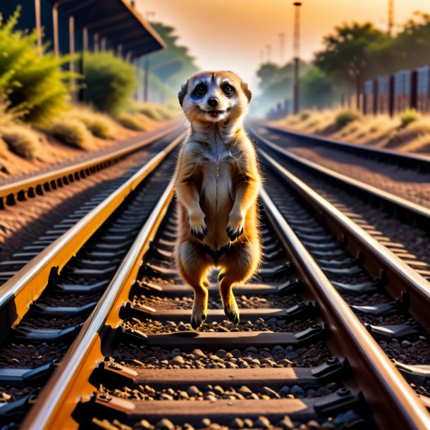 Foto de un salto de un suricato en las vías del tren