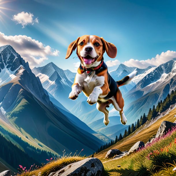 Image of a jumping of a beagle in the mountains