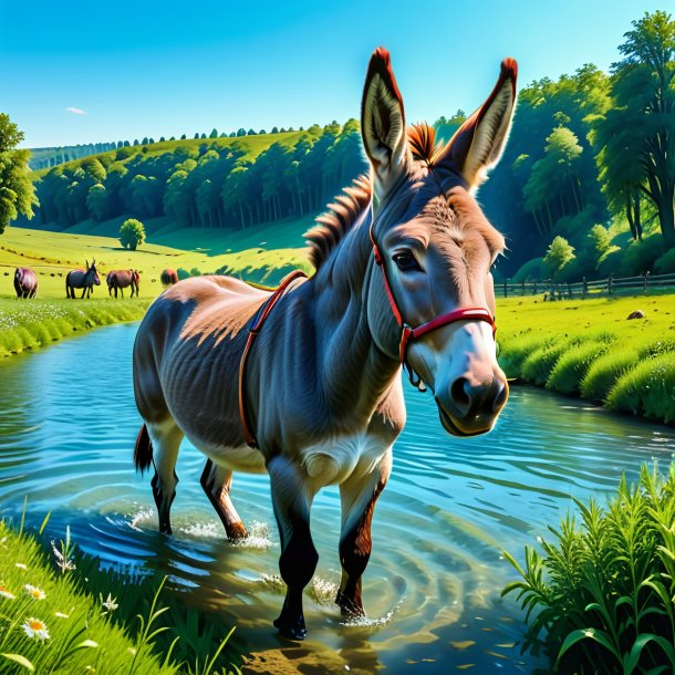 Picture of a swimming of a donkey in the meadow