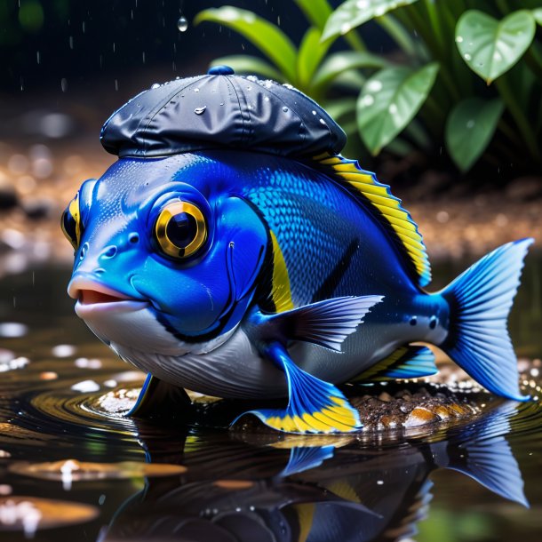 Picture of a blue tang in a cap in the puddle