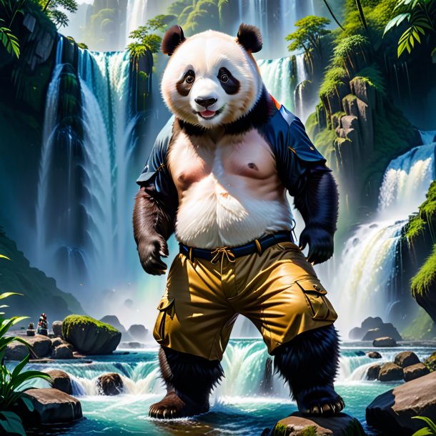 Image of a giant panda in a trousers in the waterfall