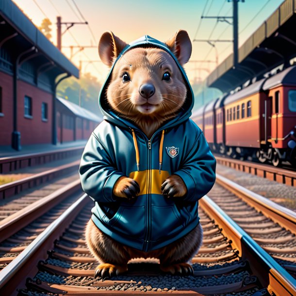 Ilustração de um wombat em um hoodie nos trilhos ferroviários