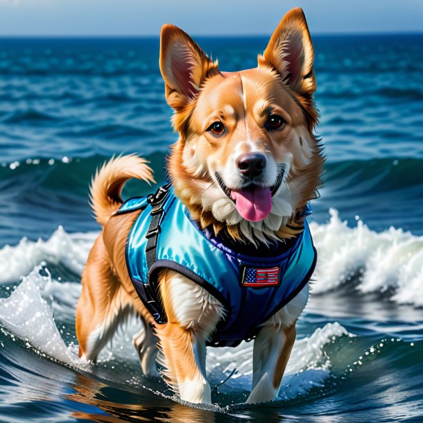 Pic of a dog in a vest in the sea