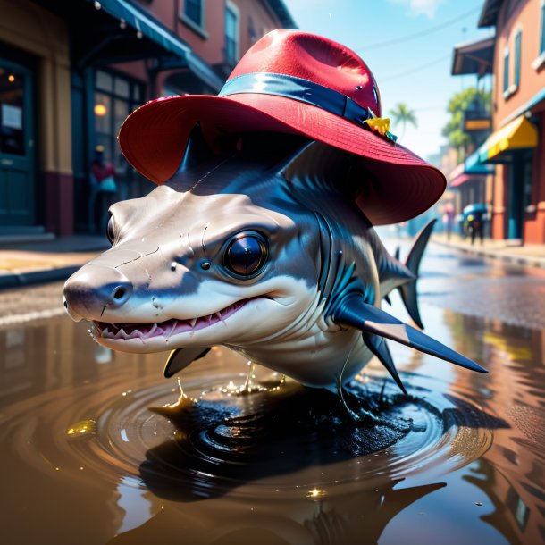 Pic of a hammerhead shark in a hat in the puddle