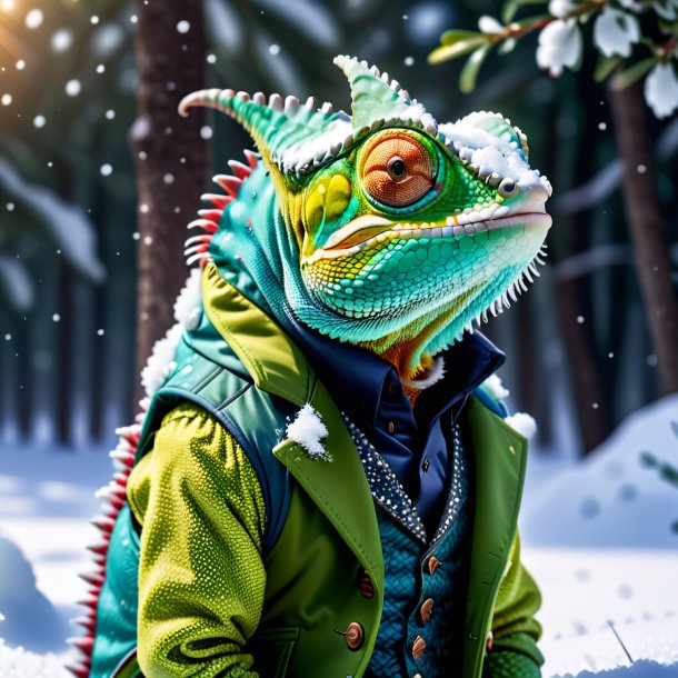 Pic of a chameleon in a vest in the snow