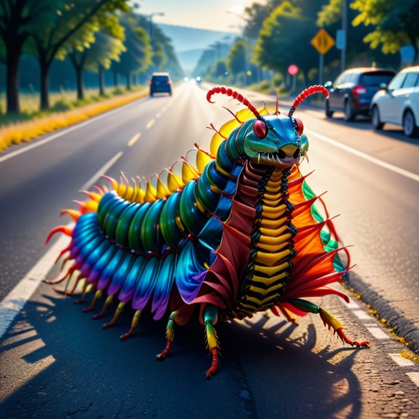 Image of a centipede in a dress on the road