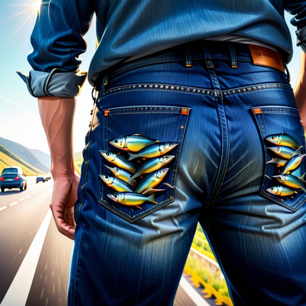 Ilustração de uma sardinha em um jeans na estrada