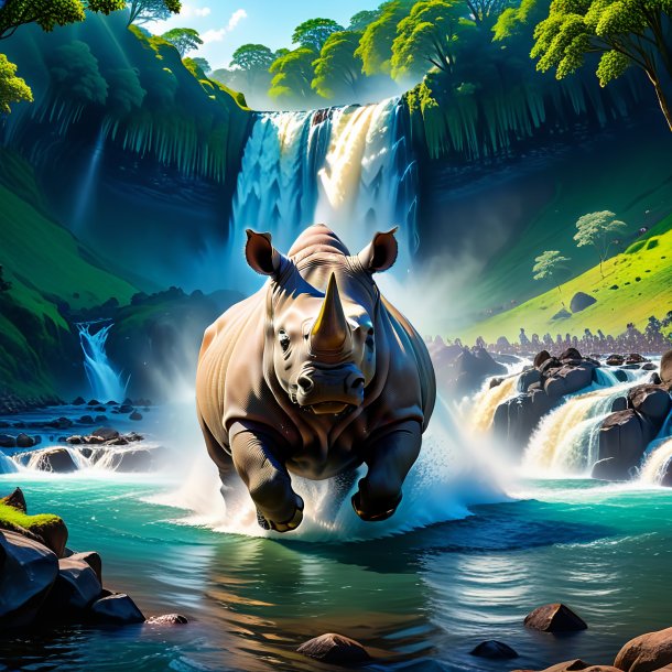 Picture of a swimming of a rhinoceros in the waterfall