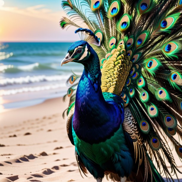 Photo of a peacock in a belt on the beach