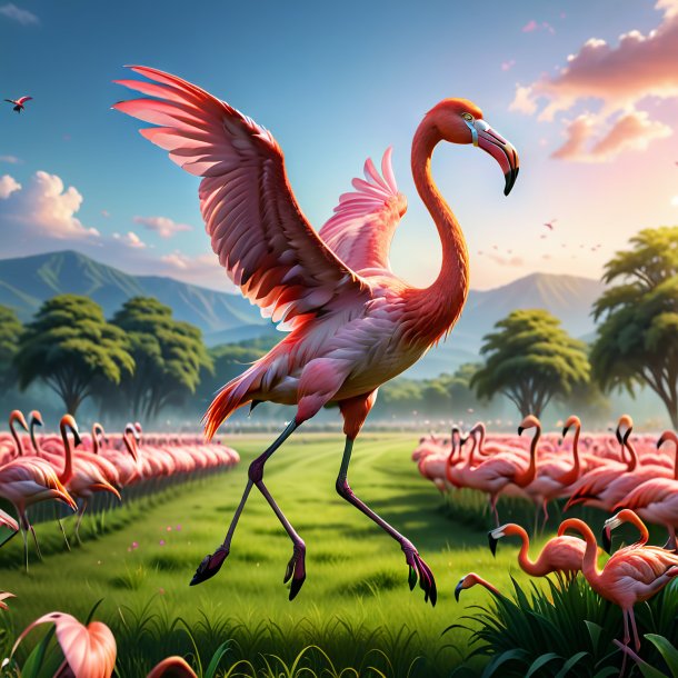 Image of a jumping of a flamingo in the meadow