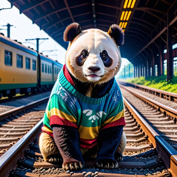 Picture of a giant panda in a sweater on the railway tracks