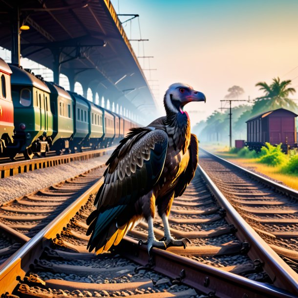 Imagen del descanso de un buitre sobre las vías del ferrocarril