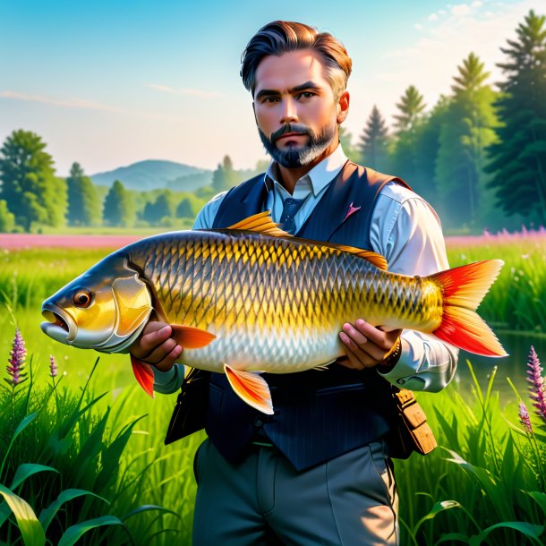 Photo of a carp in a vest in the meadow