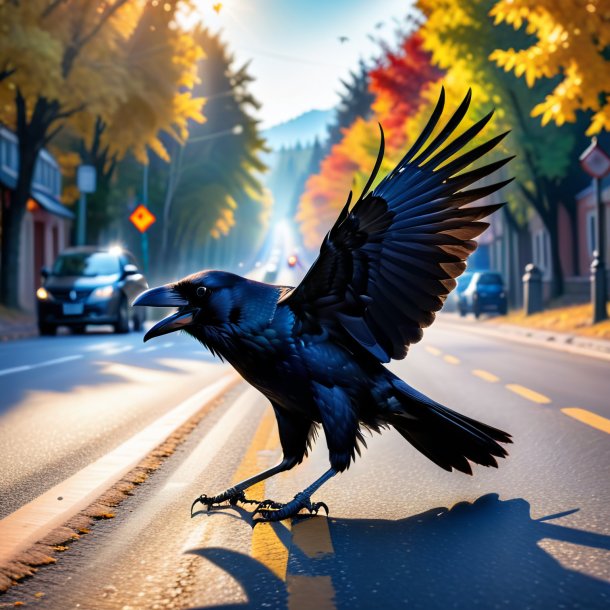 Photo of a playing of a crow on the road