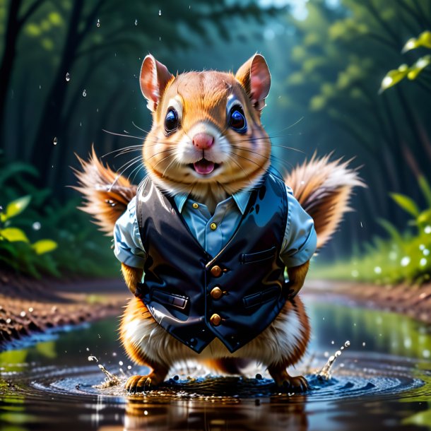 Image of a flying squirrel in a vest in the puddle