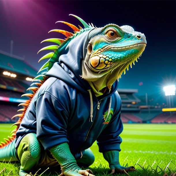 Imagem de uma iguana em um hoodie no campo