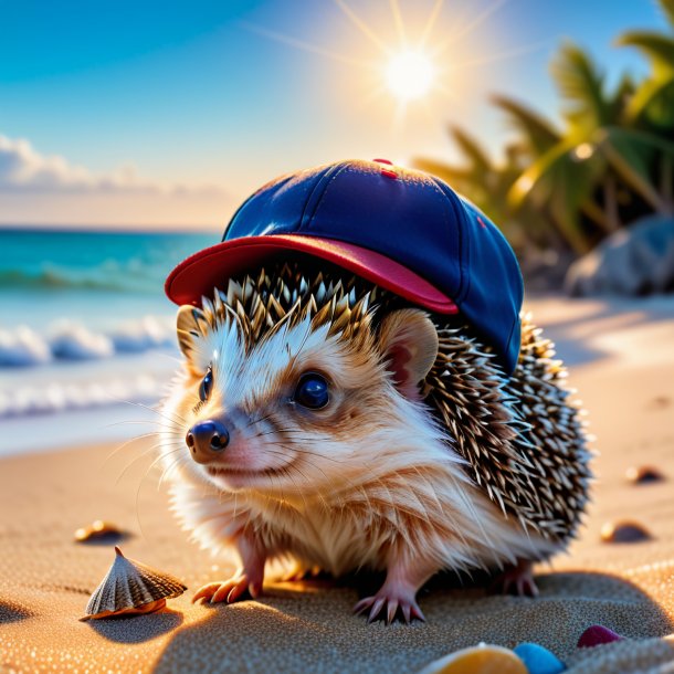 Image of a hedgehog in a cap on the beach