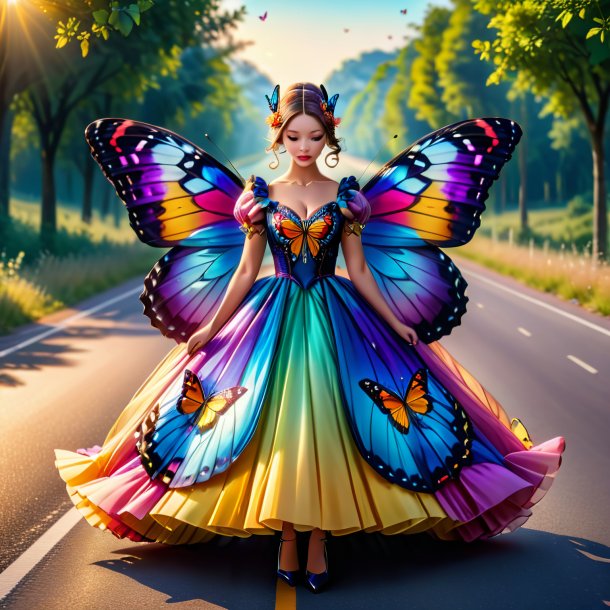 Picture of a butterfly in a dress on the road