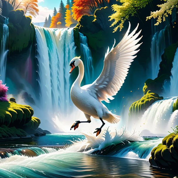 Picture of a jumping of a swan in the waterfall