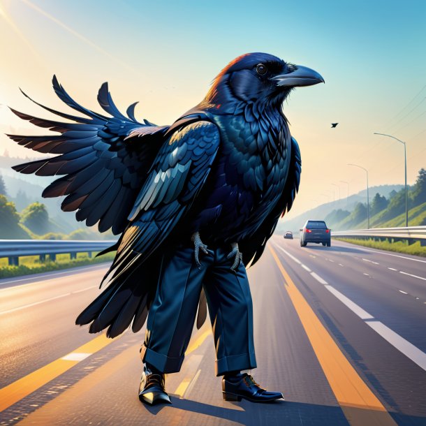 Illustration of a crow in a trousers on the highway