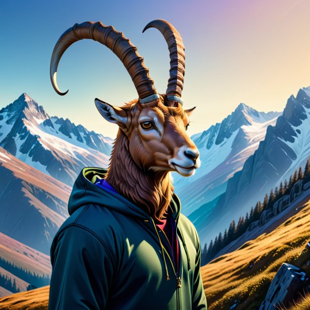 Dessin d'un ibex dans un sweat à capuche dans les montagnes