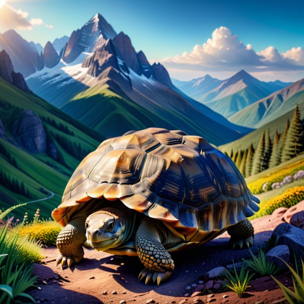 Photo of a tortoise in a skirt in the mountains