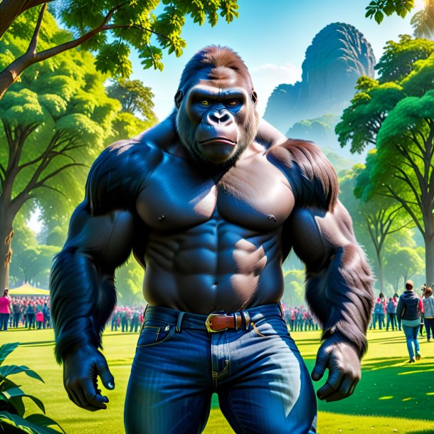 Image of a gorilla in a jeans in the park