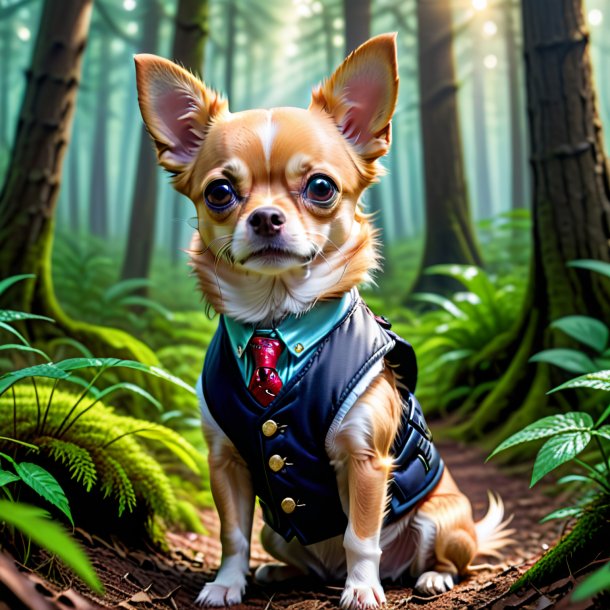 Image d'un chihuahua dans un gilet dans la forêt