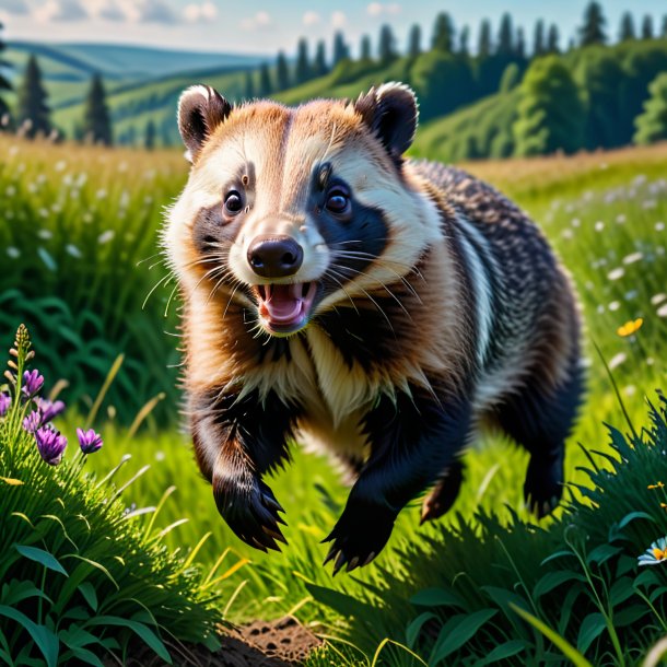 Pic of a jumping of a badger in the meadow