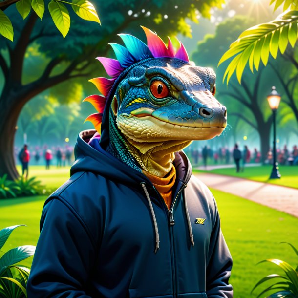 Illustration of a monitor lizard in a hoodie in the park