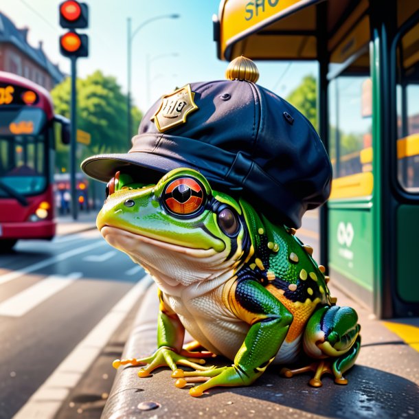 Foto de um sapo em um boné no ponto de ônibus