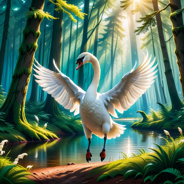 Image of a jumping of a swan in the forest