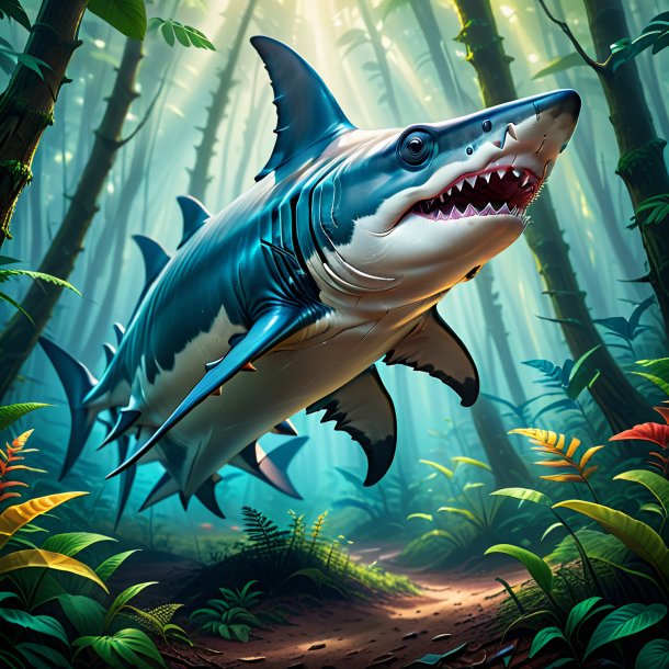 Illustration of a hammerhead shark in a cap in the forest